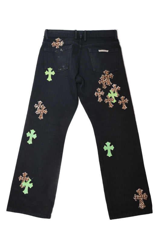 Chrome Hearts Green & Leopard Cross Patch Jeans