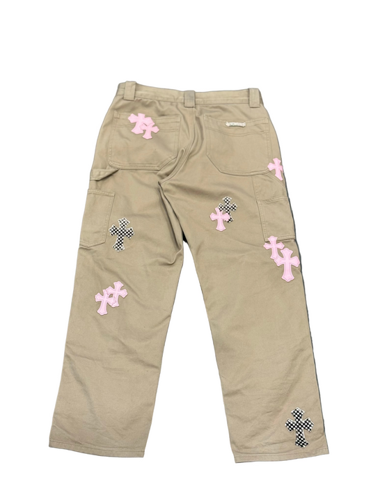 Chrome Hearts Pink & Checker Cross Patch Tan Carpenter Pants