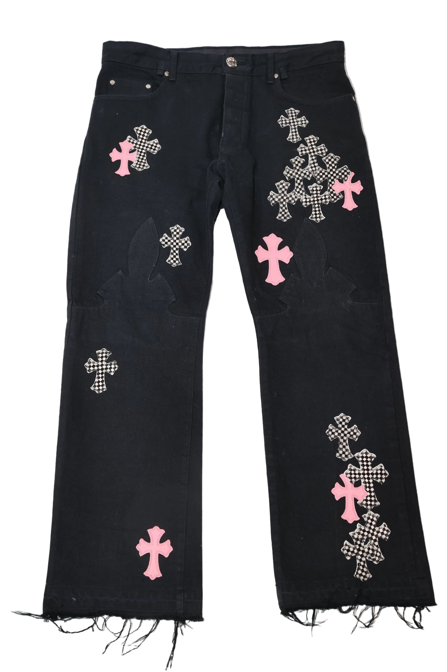 Chrome Hearts PInk & Checker Cross Patch Fleur Knee Pants