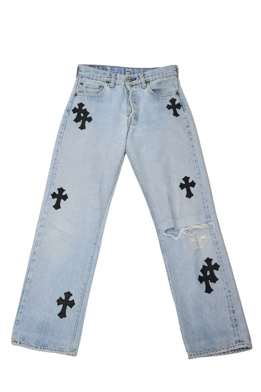 Chrome Hearts Black Cross Patch Light Wash Levi Jeans