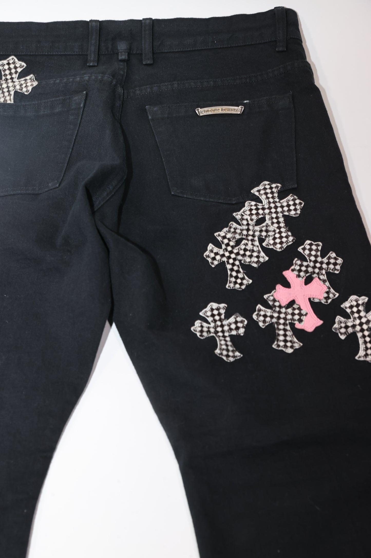 Chrome Hearts PInk & Checker Cross Patch Fleur Knee Pants