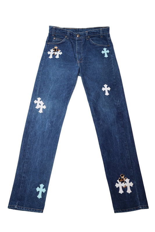 Chrome Hearts Blue & Cheetah Cross Patch St Barth Levi Jeans
