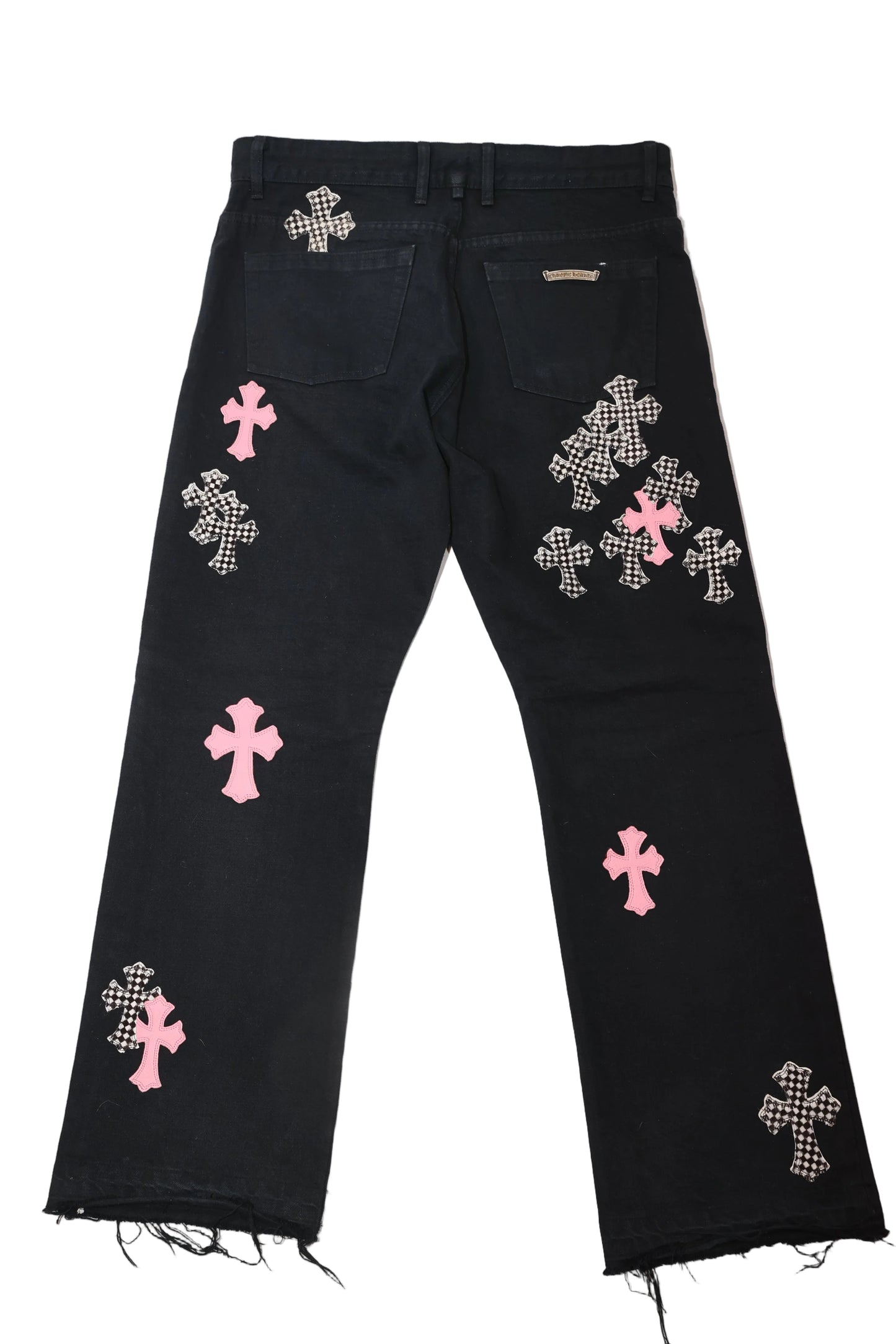 Chrome Hearts PInk & Checker Cross Patch Fleur Knee Pants