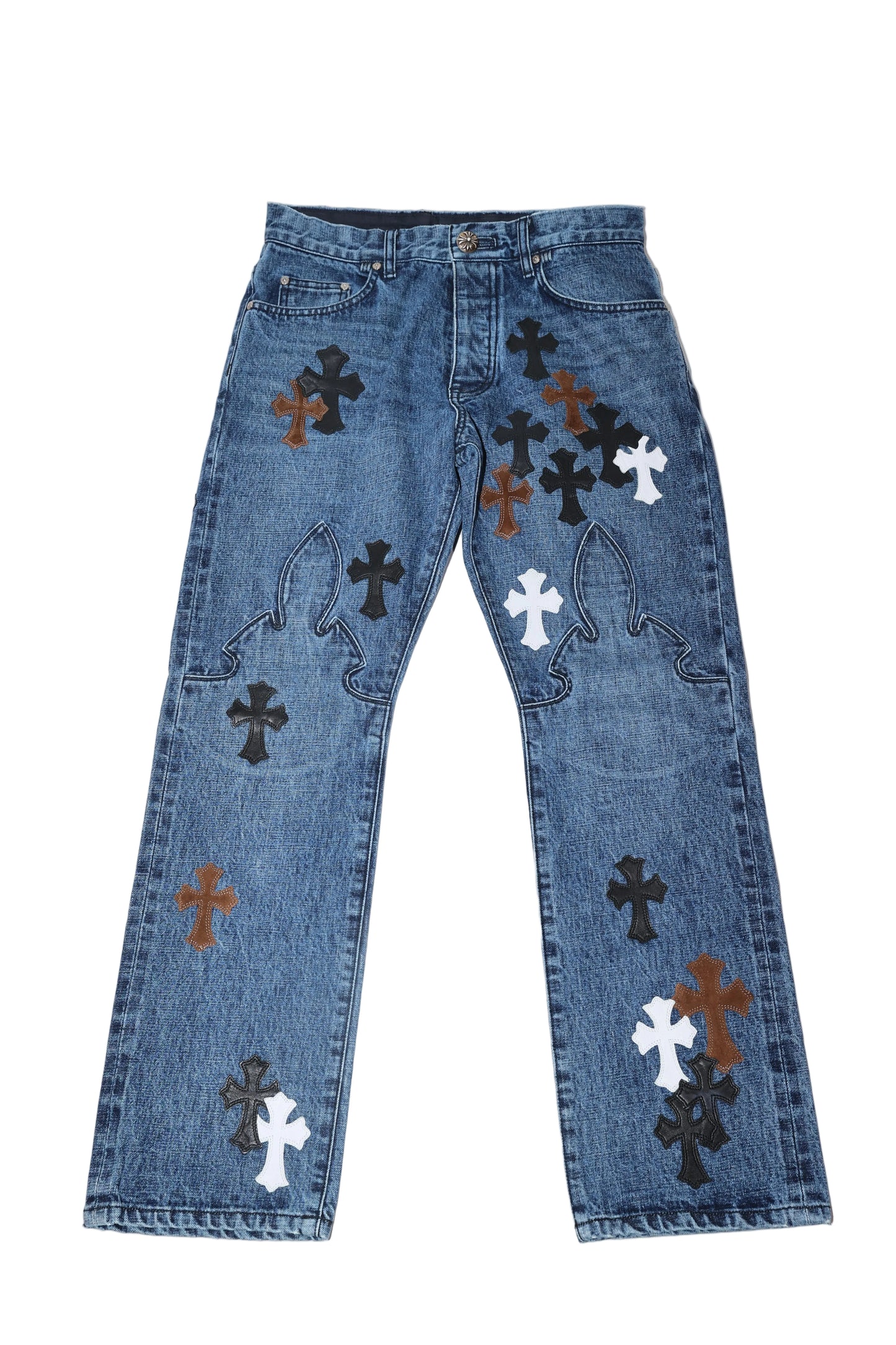 Chrome Hearts Black Brown White Cross Patch Fleur Knee Pants