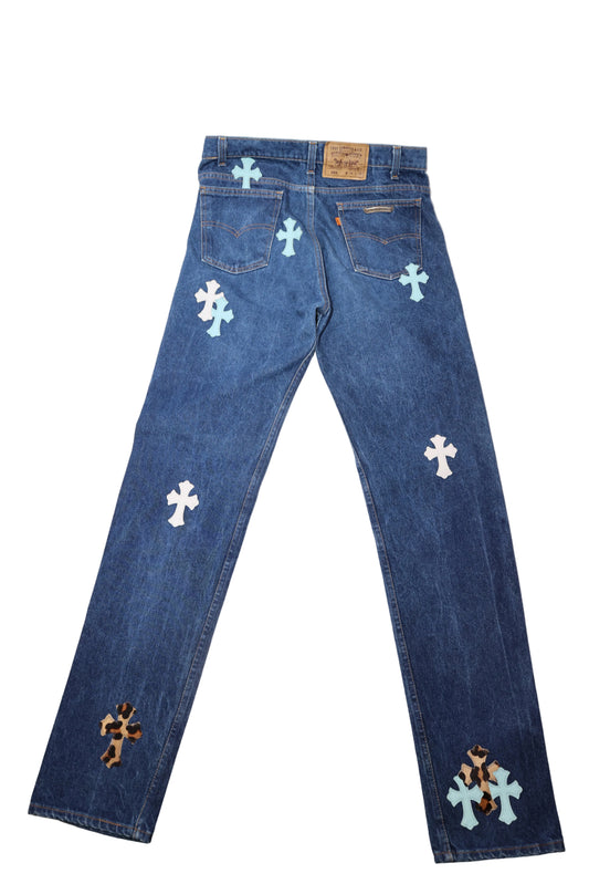 Chrome Hearts Blue & Cheetah Cross Patch St Barth Levi Jeans