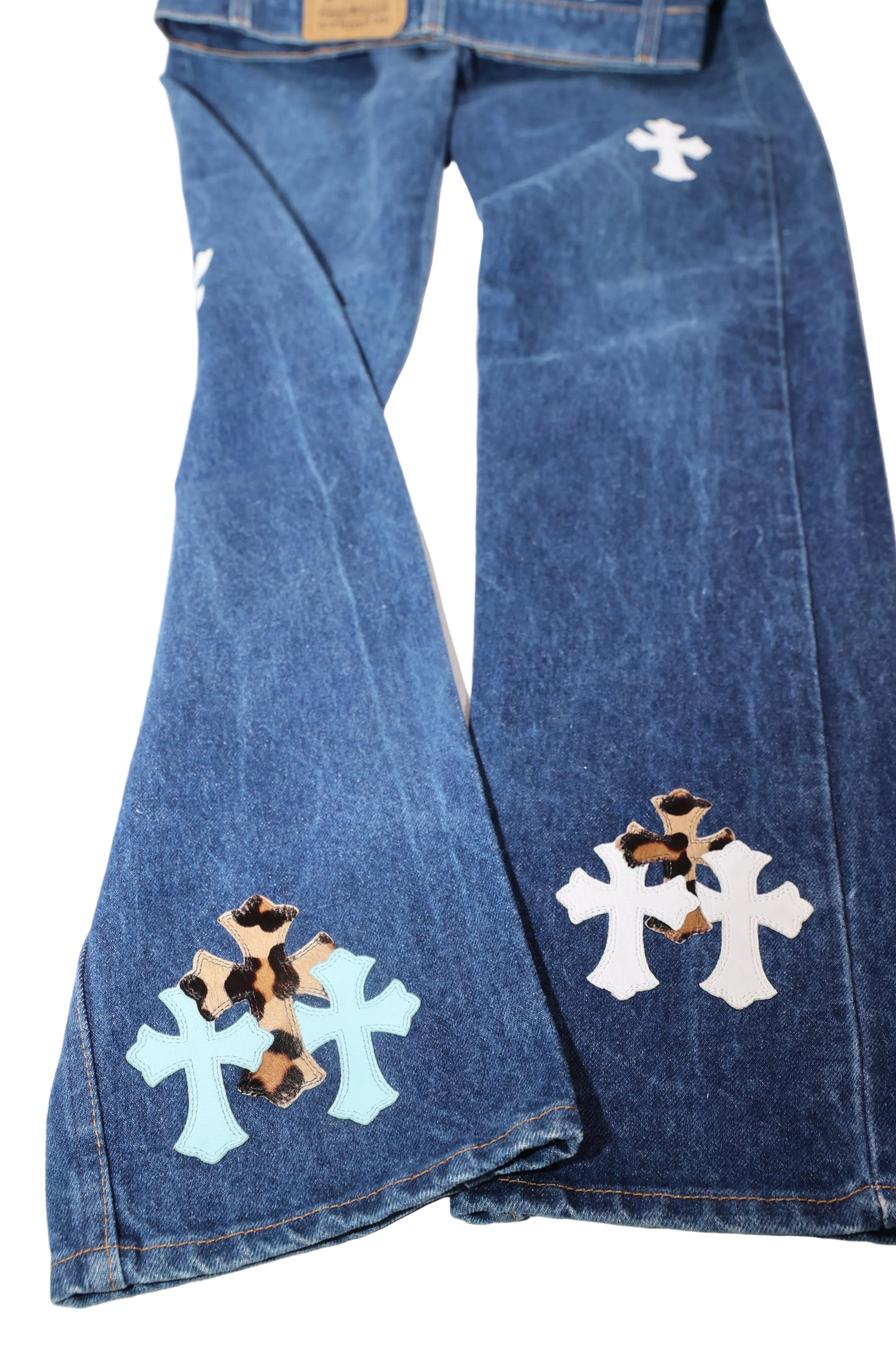 Chrome Hearts Blue & Cheetah Cross Patch St Barth Levi Jeans