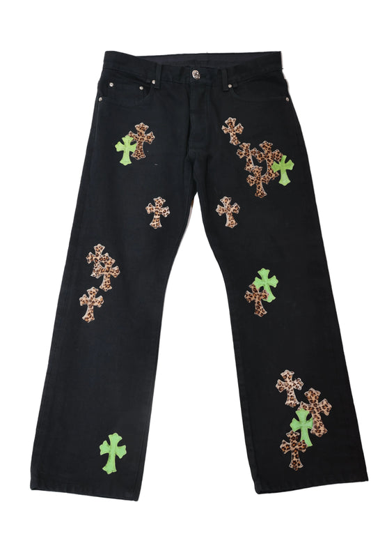 Chrome Hearts Green & Leopard Cross Patch Jeans