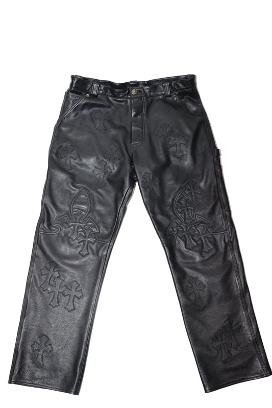 Chrome Hearts Black Cross Patch Leather Fleur Knee Pants