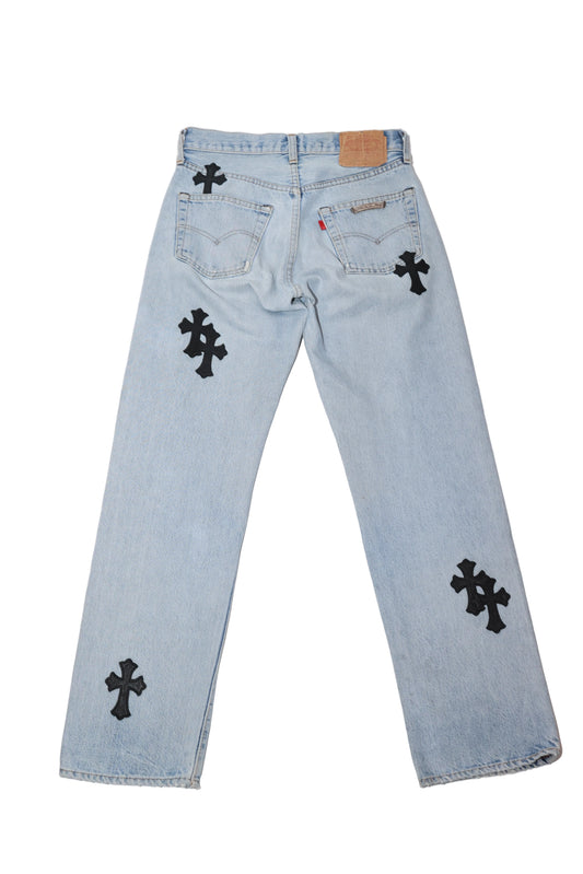 Chrome Hearts Black Cross Patch Light Wash Levi Jeans