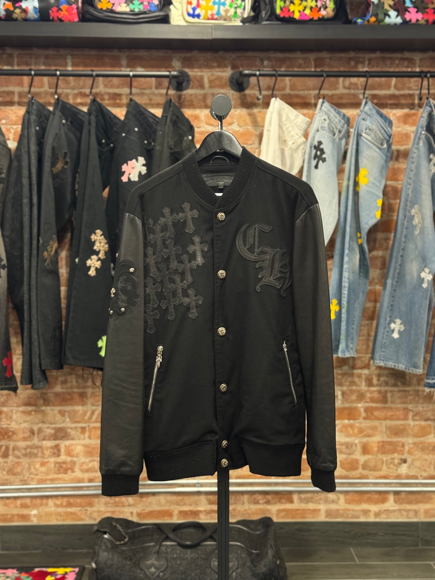 Chrome Hearts Cross Patch Leather Fleur Varsity Jacket (Zipper Missing)