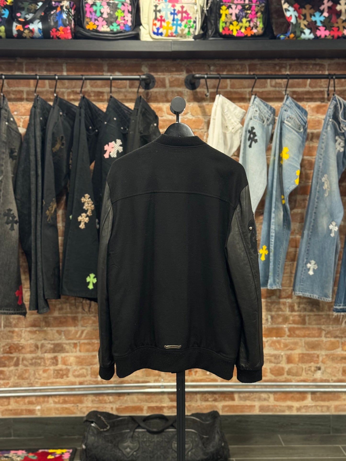 Chrome Hearts Cross Patch Leather Fleur Varsity Jacket (Zipper Missing)