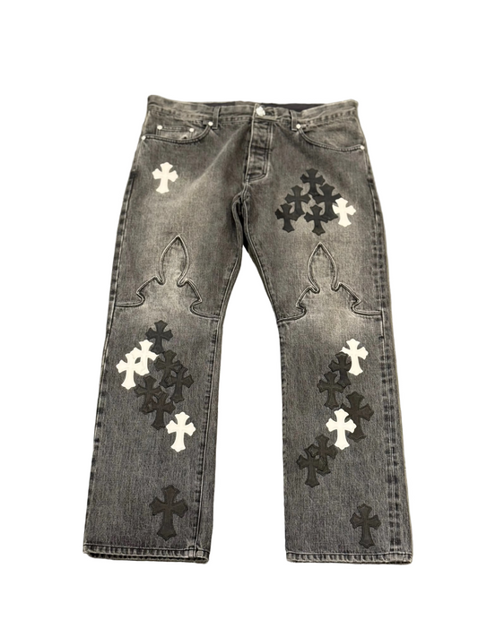 Chrome Hearts Fleur Knee Cross Patch Black Jeans