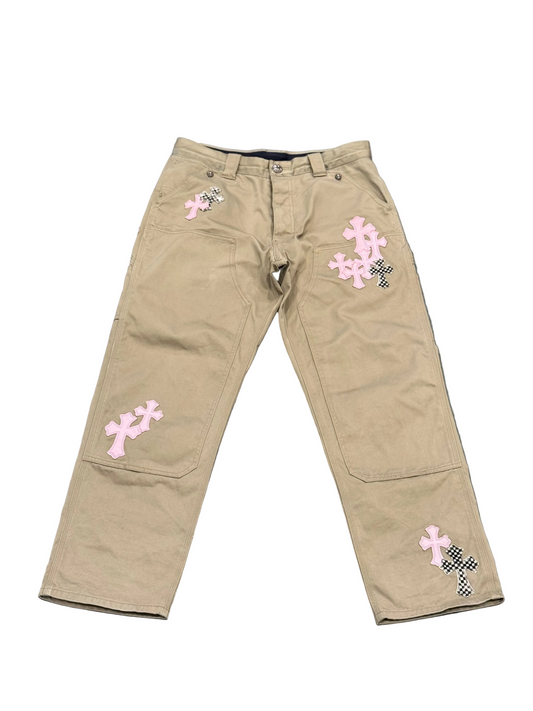 Chrome Hearts Pink & Checker Cross Patch Tan Carpenter Pants